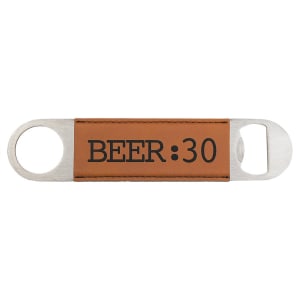 Custom engraved rawhide leatherette speed opener with 'BEER:30' text on a white background