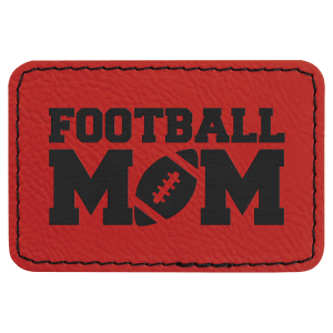Red 3x2 leatherette patch with 'Football Mom' text and football icon on a dark background