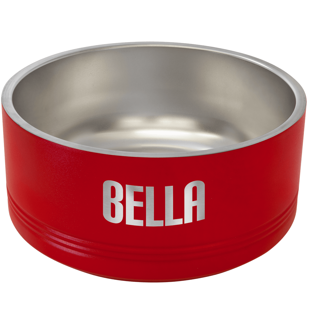 Red stainless steel double insulated Polar Camel pet bowl with 'Bella' engraved on it, on a transparent background