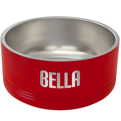 Red stainless steel double insulated Polar Camel pet bowl with 'Bella' engraved on it, on a transparent background