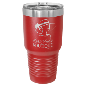 Custom laser-engraved 30 oz Red insulated tumbler featuring 'LoriAnn's Boutique', shown on a transparent background.