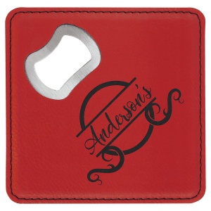Red square leatherette bottle opener coaster featuring an engraved script design with the text "Anderson's" and an integrated silver-colored metal bottle opener