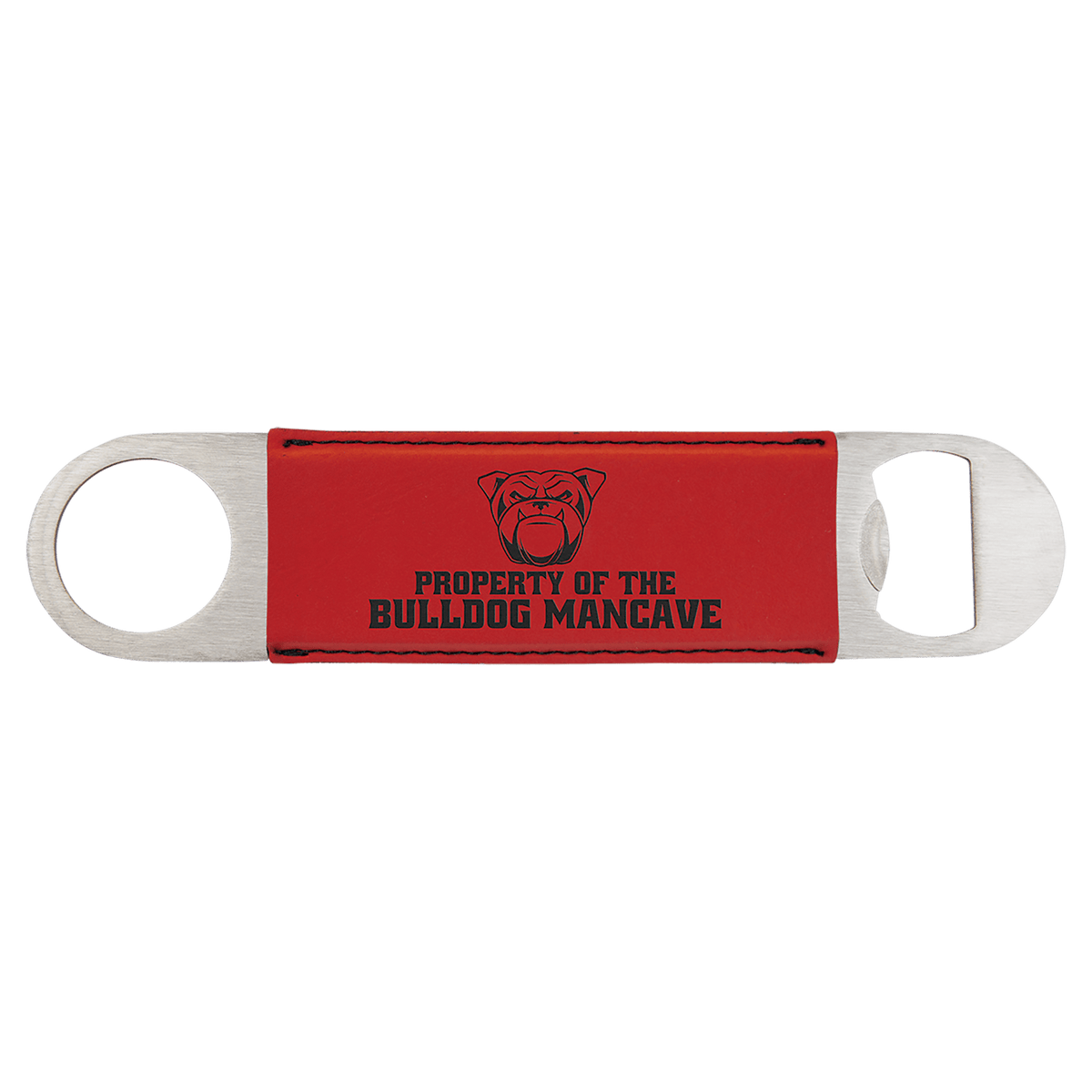Custom engraved red leatherette speed opener with 'PROPERTY OF THE BULLDOG MANCAVE' text on a white background