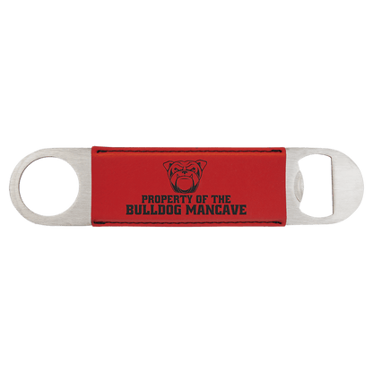 Custom engraved red leatherette speed opener with 'PROPERTY OF THE BULLDOG MANCAVE' text on a white background