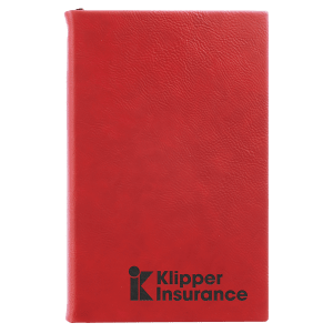 Custom laser-engraved Red leatherette journal featuring the logo for 'Klipper Insurance' for a professional, personalized look.