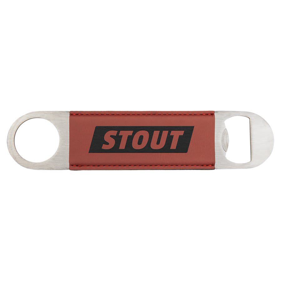 Custom engraved rose red leatherette speed opener with 'STOUT' branding on a white background