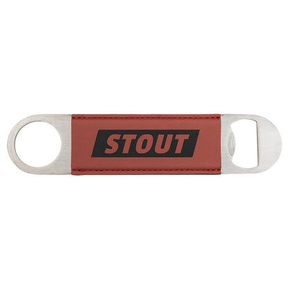 Custom engraved rose red leatherette speed opener with 'STOUT' branding on a white background