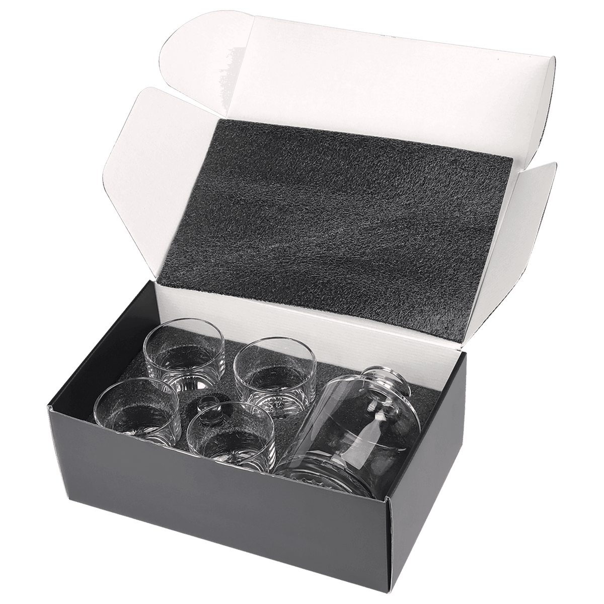 Custom-engraved 850mL decanter and four 9oz round rocks glasses neatly arranged inside an open black presentation box with a white lid