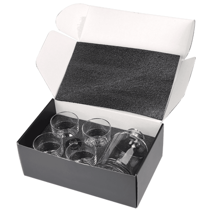 Custom-engraved 850mL decanter and four 9oz round rocks glasses neatly arranged inside an open black presentation box with a white lid