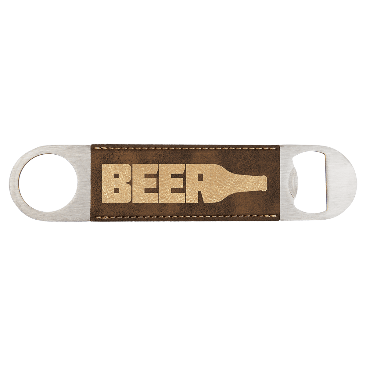 Custom engraved rustic brown leatherette speed opener with 'BEER' text and bottle graphic on a transparent background