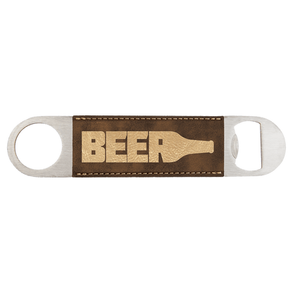 Custom engraved rustic brown leatherette speed opener with 'BEER' text and bottle graphic on a transparent background