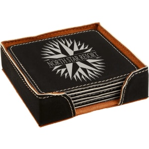 A black square leatherette coaster set with a matching holder, featuring a 'North Star Resort' logo laser-engraved in the center.