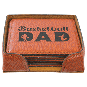 A basketball-textured leatherette coaster set with a matching holder, featuring a 'Basketball DAD' design laser-engraved on the top coaster.