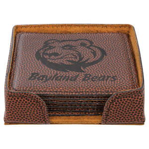 A square, football-textured leatherette coaster set with a matching holder, featuring a 'Bayland Bears' logo laser-engraved on the top coaster.