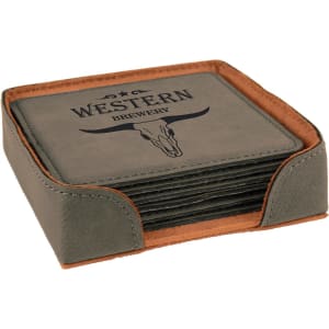 A grey square leatherette coaster set with a matching holder, featuring a 'Western Brewery' logo with a skull design laser-engraved on the top coaster.