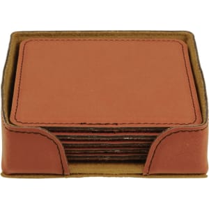 A rawhide, tan leatherette coaster set with a matching holder, featuring a simple, clean laser-engraved design in the center.