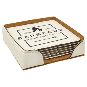 "A square, white leatherette coaster set with a matching holder, featuring a 'Barbecue Smoke and Grills' logo laser-engraved on the top coaster.