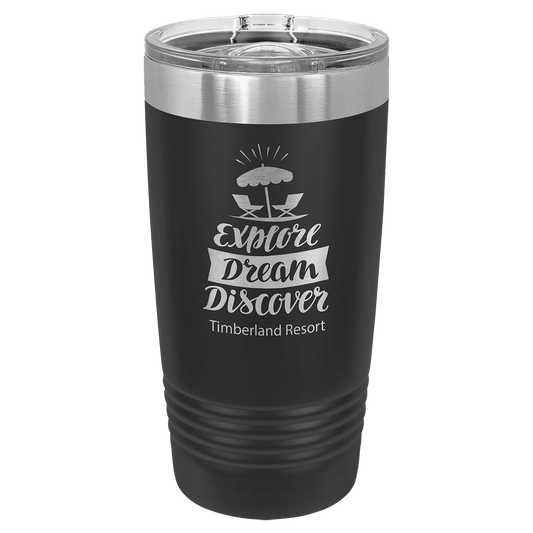 Custom laser-engraved 20 oz black stainless steel insulated tumbler with 'Explore, Dream, Discover' design, shown on a transparent background.