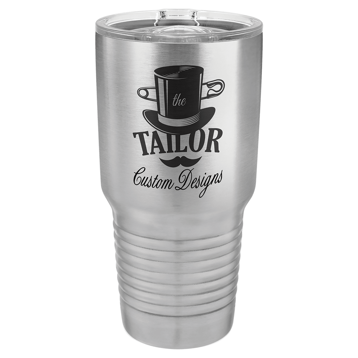 Custom laser-engraved 30 oz stainless steel insulated tumbler featuring 'the Tailor Custom Designs' logo, shown on a transparent background.