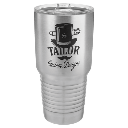 Custom laser-engraved 30 oz stainless steel insulated tumbler featuring 'the Tailor Custom Designs' logo, shown on a transparent background.