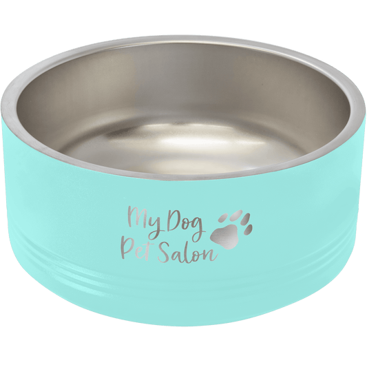 Teal stainless steel double insulated Polar Camel pet bowl with 'My dog pet salon' engraved on it, on a transparent background