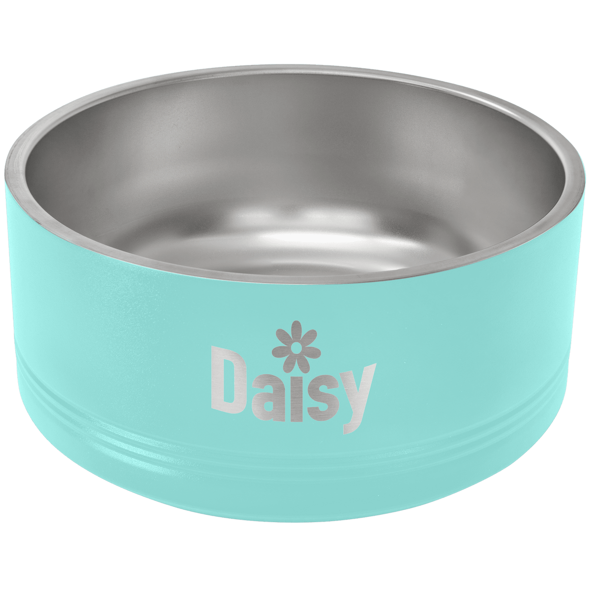 Teal stainless steel double insulated Polar Camel pet bowl with 'Daisy' engraved on it, on a transparent background