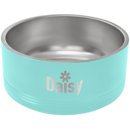 Teal stainless steel double insulated Polar Camel pet bowl with 'Daisy' engraved on it, on a transparent background