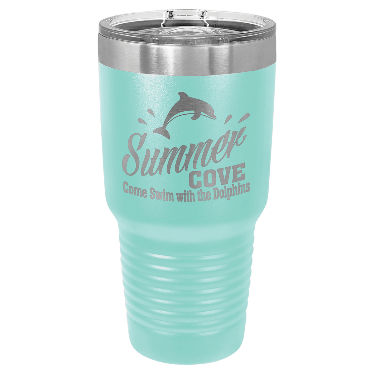 Custom laser-engraved 30 oz teal insulated tumbler featuring 'Summer Cove' logo, shown on a transparent background.