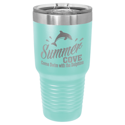 Custom laser-engraved 30 oz teal insulated tumbler featuring 'Summer Cove' logo, shown on a transparent background.