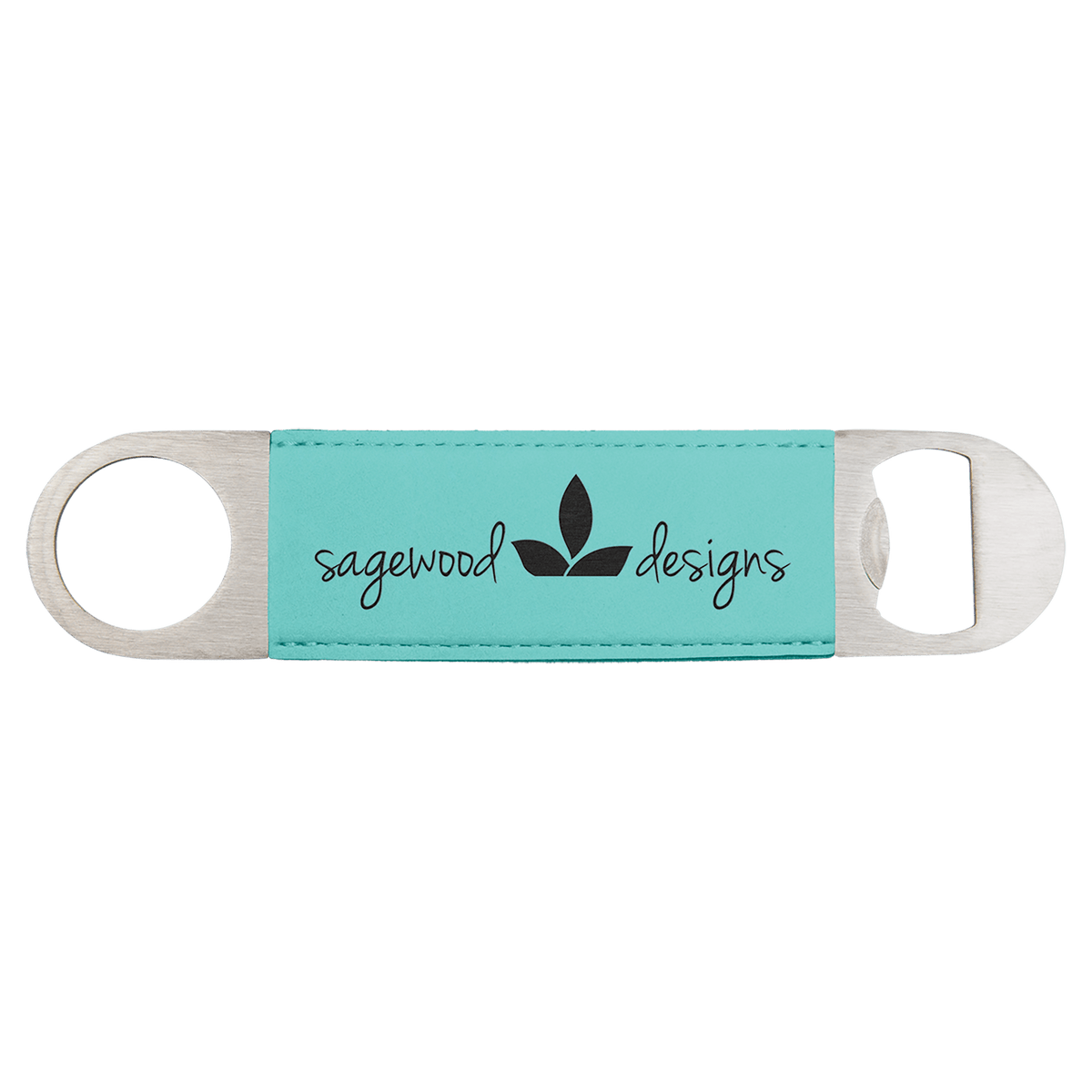 Custom engraved teal leatherette speed bottle opener with 'Sagewood Designs' branding on a white background