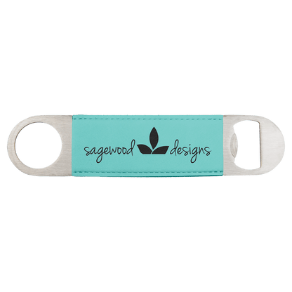 Custom engraved teal leatherette speed bottle opener with 'Sagewood Designs' branding on a white background
