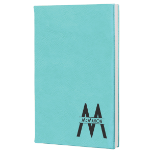 Custom laser-engraved Teal leatherette journal featuring a monogrammed 'M' with the last name 'McMahon' through it for a personalized look.