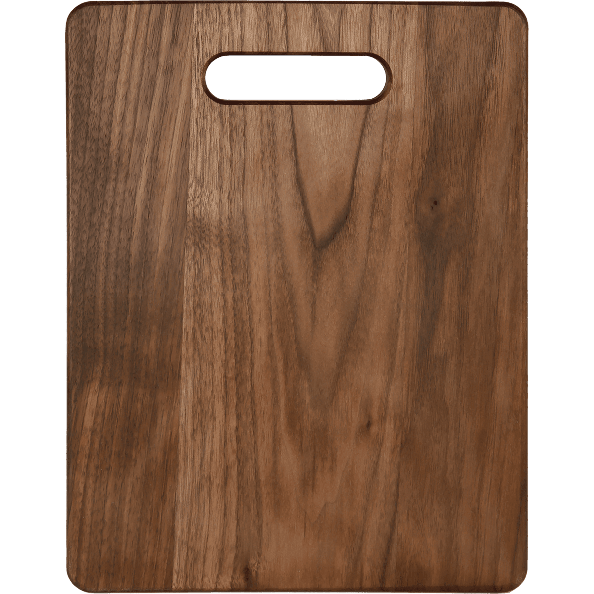Rounded rectangular walnut cutting board with integrated handle, showing natural wood grain texture and a clean, smooth surface.