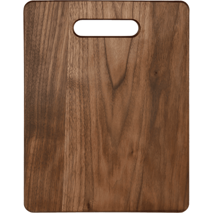 Rounded rectangular walnut cutting board with integrated handle, showing natural wood grain texture and a clean, smooth surface.
