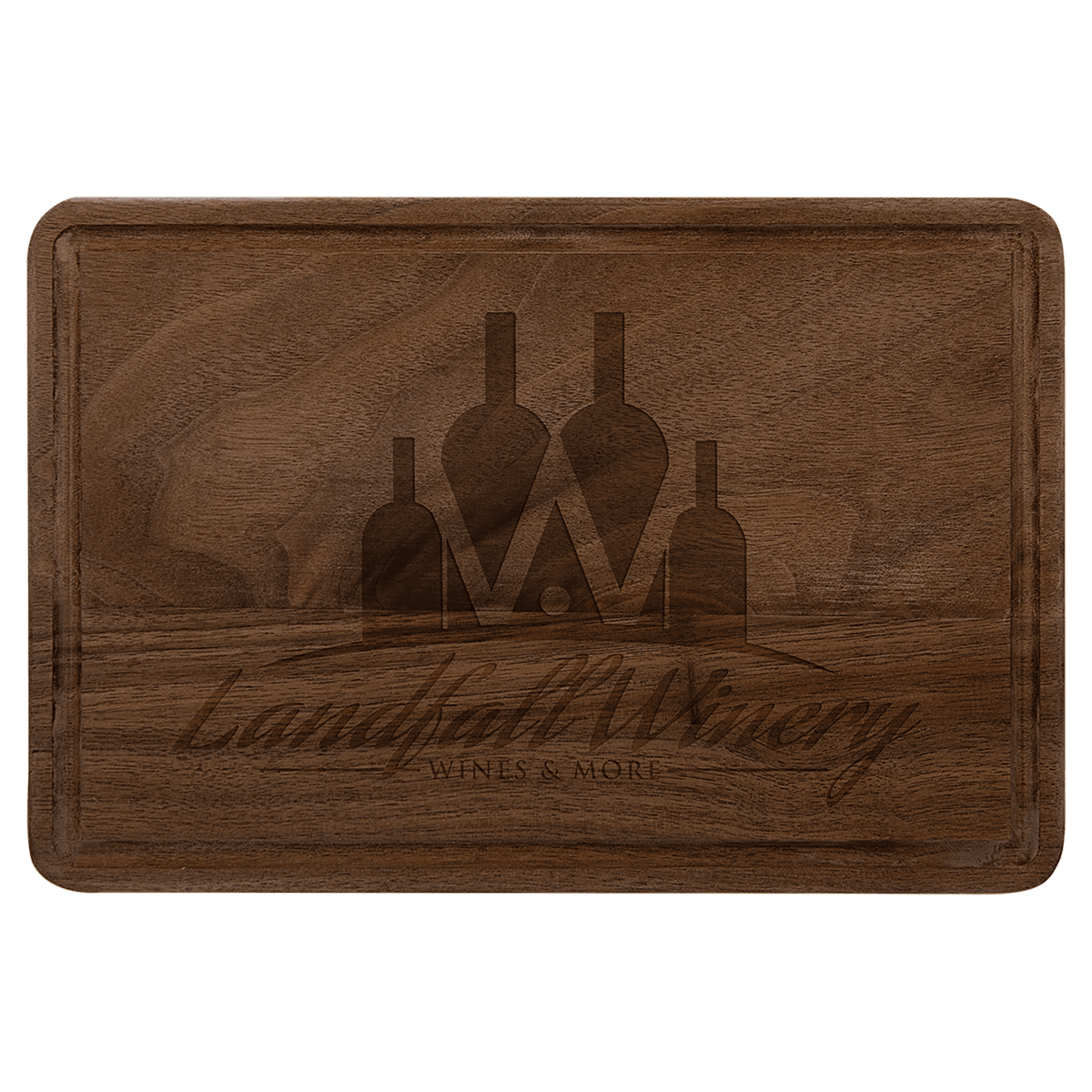 Personalized 9x6 walnut cutting board with drip ring and custom Landfall Winery laser-engraved logo