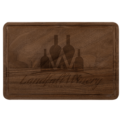 Personalized 9x6 walnut cutting board with drip ring and custom Landfall Winery laser-engraved logo