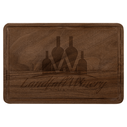 Personalized 9x6 walnut cutting board with drip ring and custom Landfall Winery laser-engraved logo
