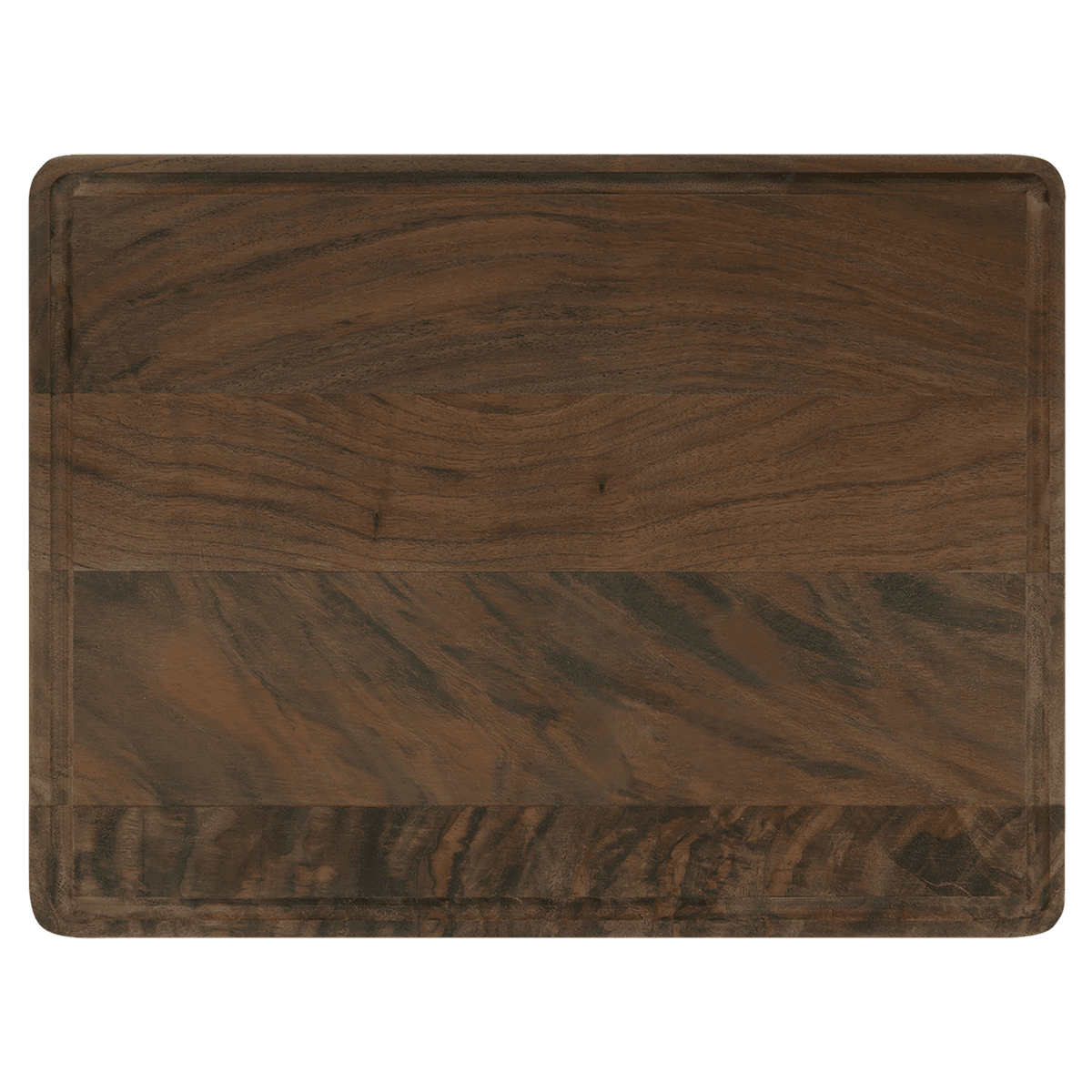 A large rectangular walnut cutting board with drip ring ready to be custom engraved with your personalization. 