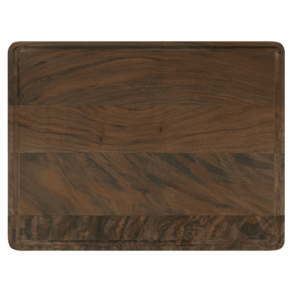 A large rectangular walnut cutting board with drip ring ready to be custom engraved with your personalization. 