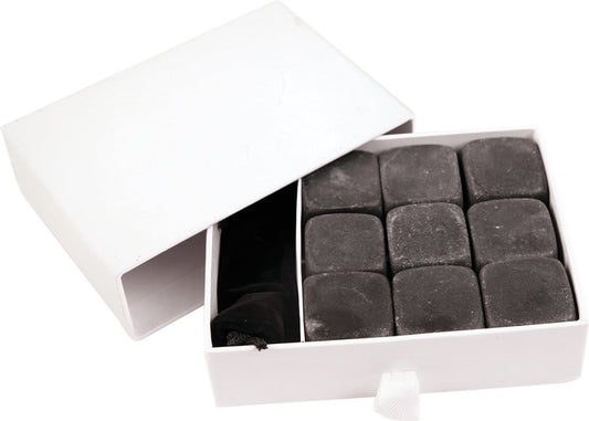 Set of nine black square basalt whiskey stones in an open white presentation box with a velvet storage pouch