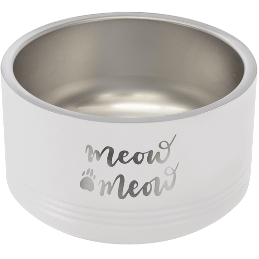 White stainless steel double insulated Polar Camel pet bowl with 'meow meow' text on a transparent background