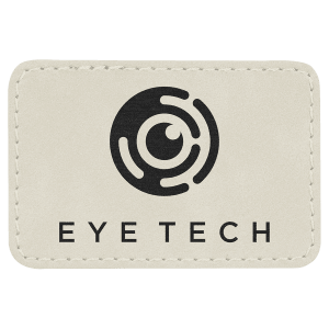 White leatherette 3x2 patch with black "EYE TECH" eye logo and text