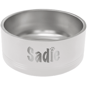 White stainless steel double insulated Polar Camel pet bowl with 'Sadie' engraved on it, on a transparent background