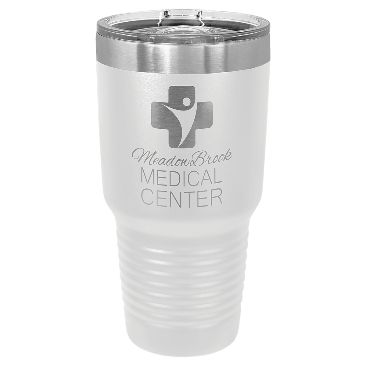 Custom laser-engraved 30 oz white insulated tumbler featuring 'MeadowBrook Medical Center' logo, shown on a transparent background.