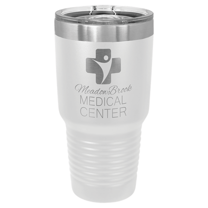 Custom laser-engraved 30 oz white insulated tumbler featuring 'MeadowBrook Medical Center' logo, shown on a transparent background.