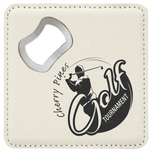 White square leatherette bottle opener coaster featuring an engraved golf tournament design with the text "Cherry Pines Golf Tournament" and an integrated metal bottle opener