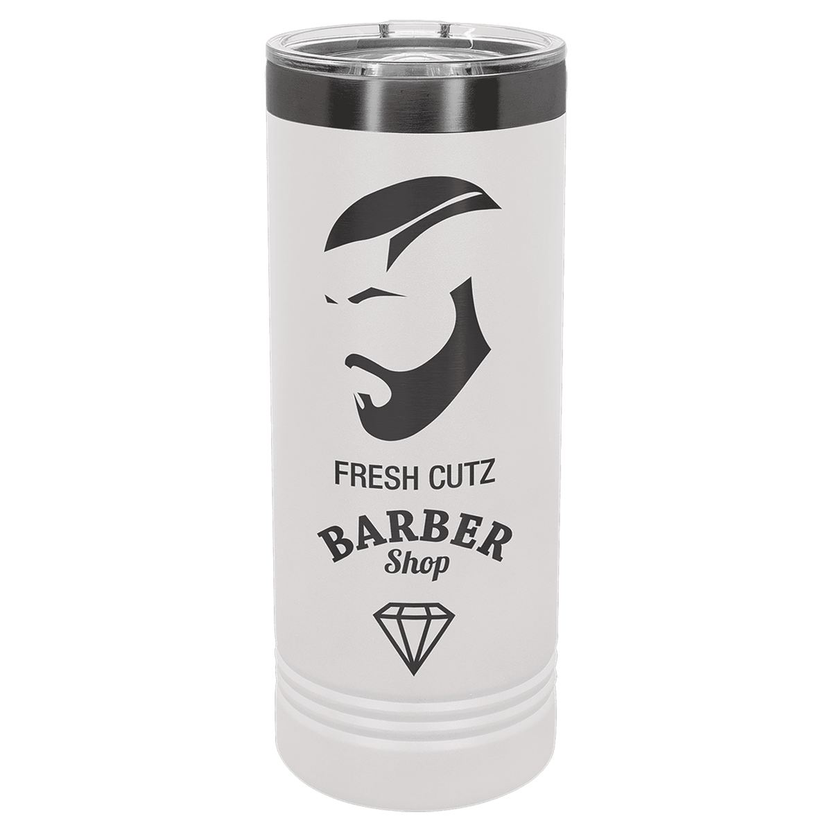 White 22 oz ghost black skinny tumbler featuring a custom laser-engraved "Fresh Cutz Barber Shop" logo against a transparent background. (149 characters)