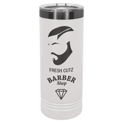 White 22 oz ghost black skinny tumbler featuring a custom laser-engraved "Fresh Cutz Barber Shop" logo against a transparent background. (149 characters)