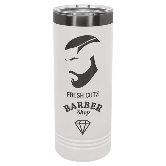 White 22 oz ghost black skinny tumbler featuring a custom laser-engraved "Fresh Cutz Barber Shop" logo against a transparent background. (149 characters)