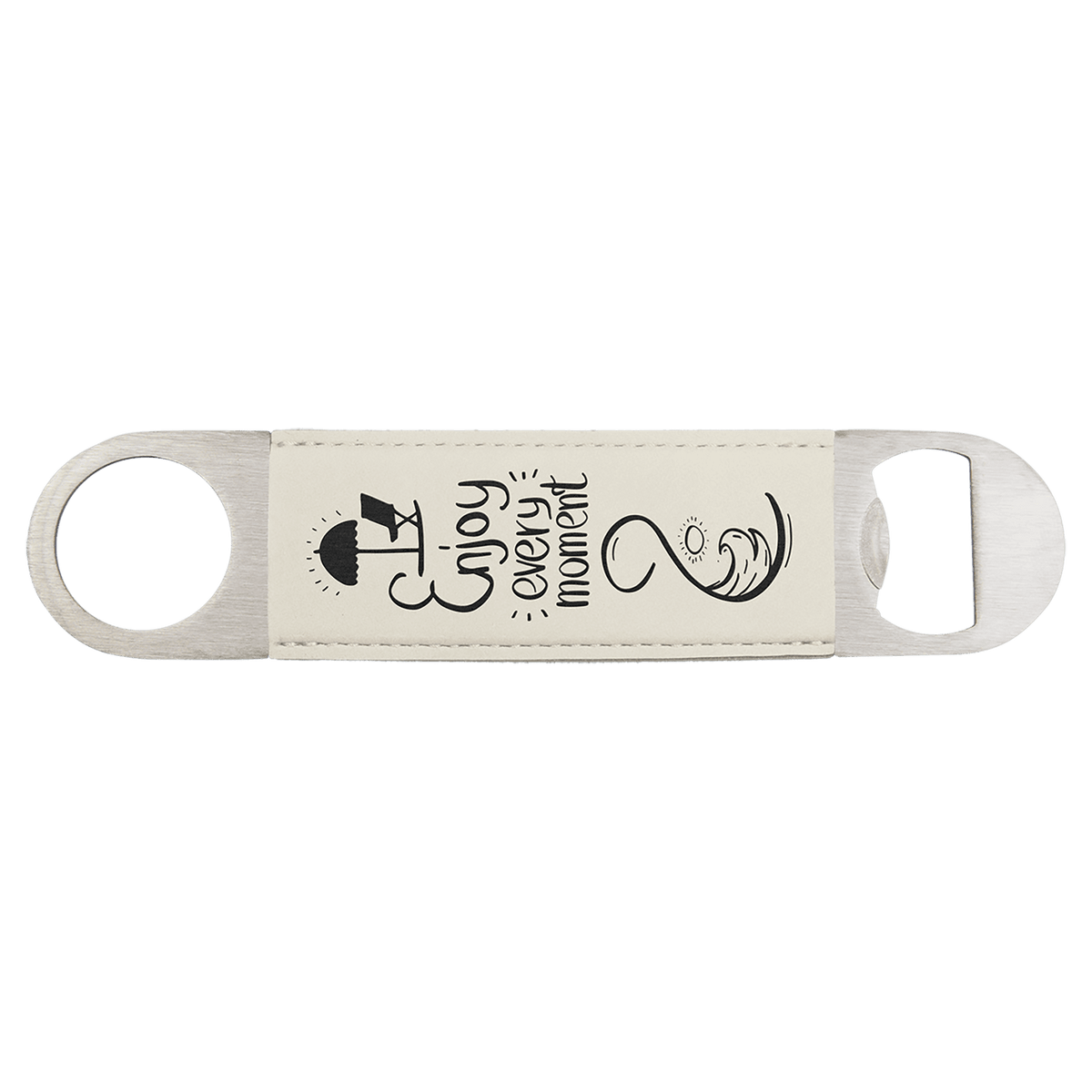 Custom engraved white leatherette speed opener with 'Enjoy every moment' text and an embellished beach scene on a transparent background
